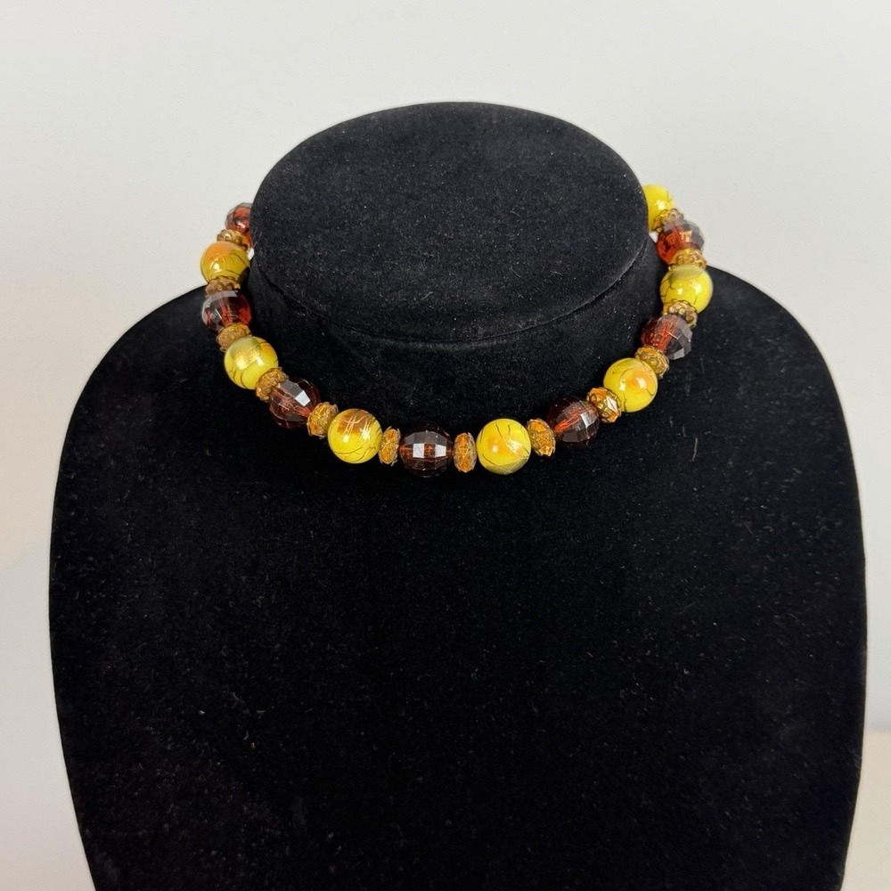 Vintage Yellow Amber Colored Bead Choker Necklace Art Beads 15.5" Mid Century